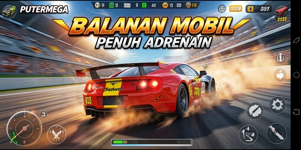 Screenshot gameplay menunjukkan aksi balapan mendebarkan di PUTERMEGA.