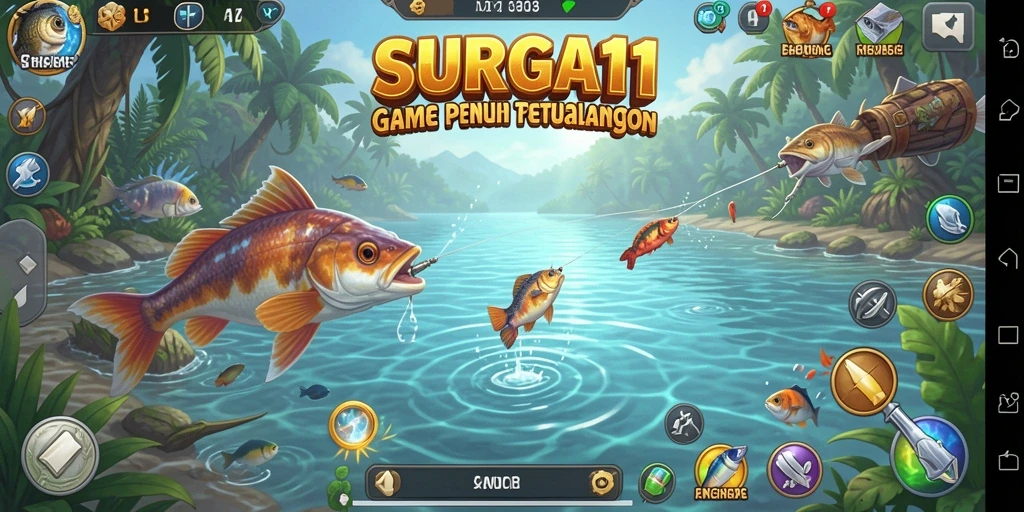Gameplay SURGA11 menampilkan pemain yang memancing di berbagai lokasi menarik.